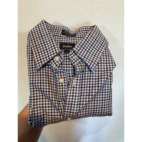 Neiman Marcus Mens Large Plaid Trim Fit Button Up Shirt Black White Purple Blue - Picture 12 of 12